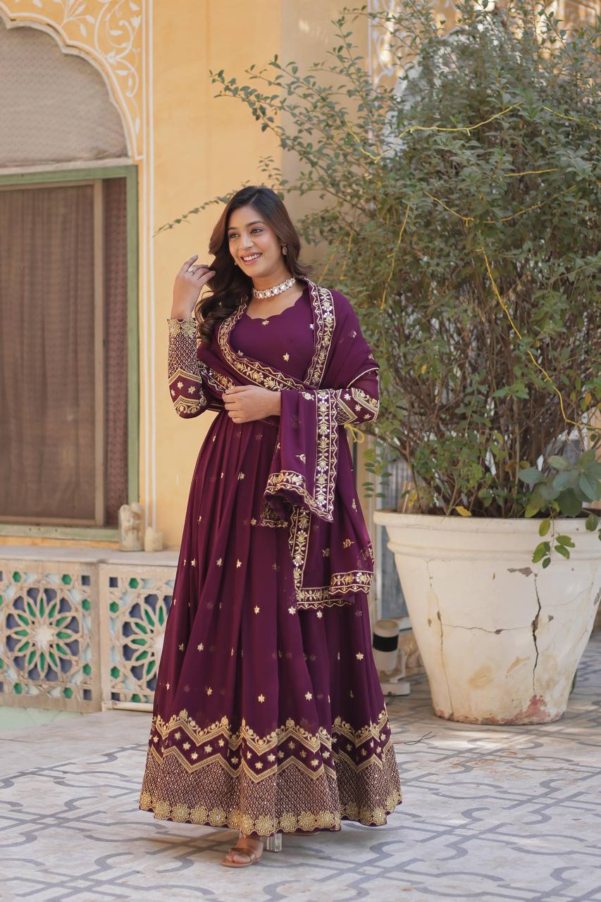 Wine Premium Designer Readymade Gown with Dupatta