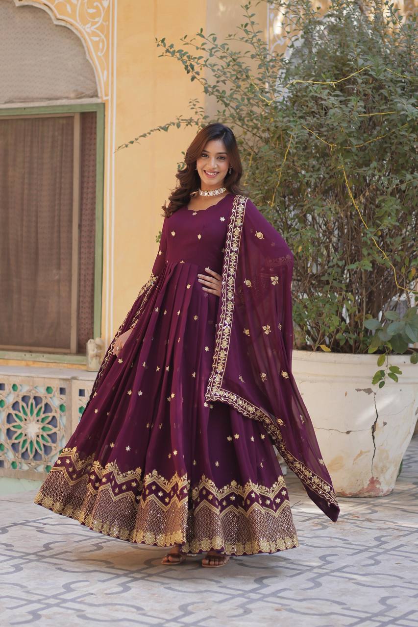 Wine Premium Designer Readymade Gown with Dupatta