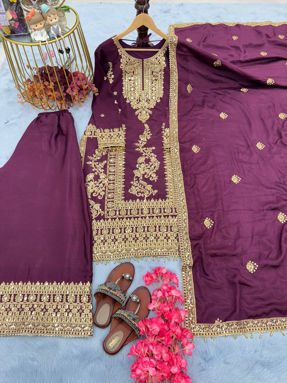 Wine Premium Designer Readymade Top, Palazzo & Dupatta Set –Party Wear