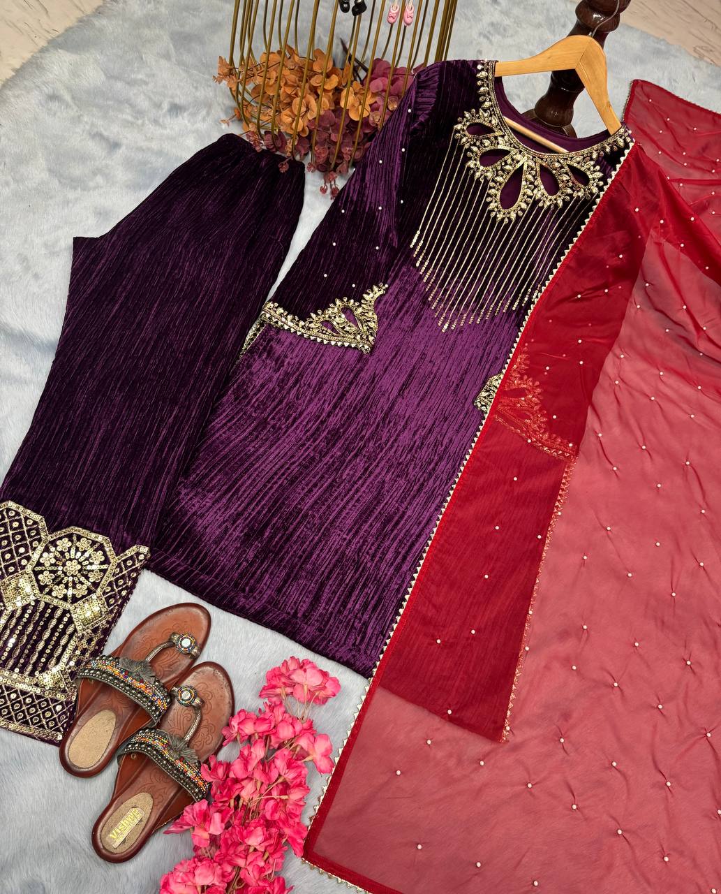 Wine Premium Designer Readymade Velvet Top, Plazzo & Dupatta Set