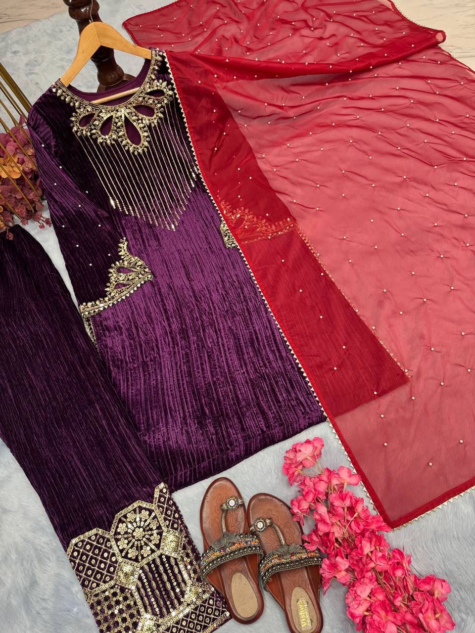 Wine Premium Designer Readymade Velvet Top, Plazzo & Dupatta Set