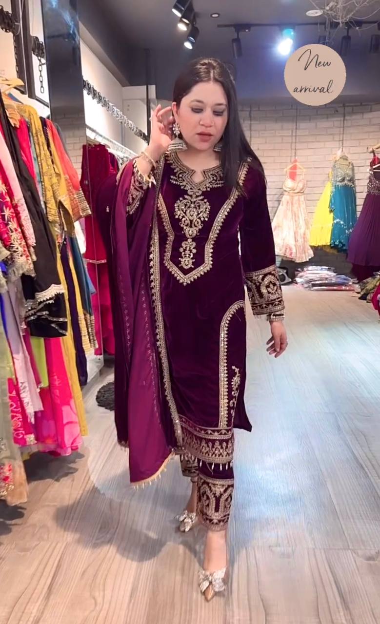 Wine Premium Designer Readymade Viscose Velvet Top, Plazzo & Dupatta Set – Party Wear Elegance