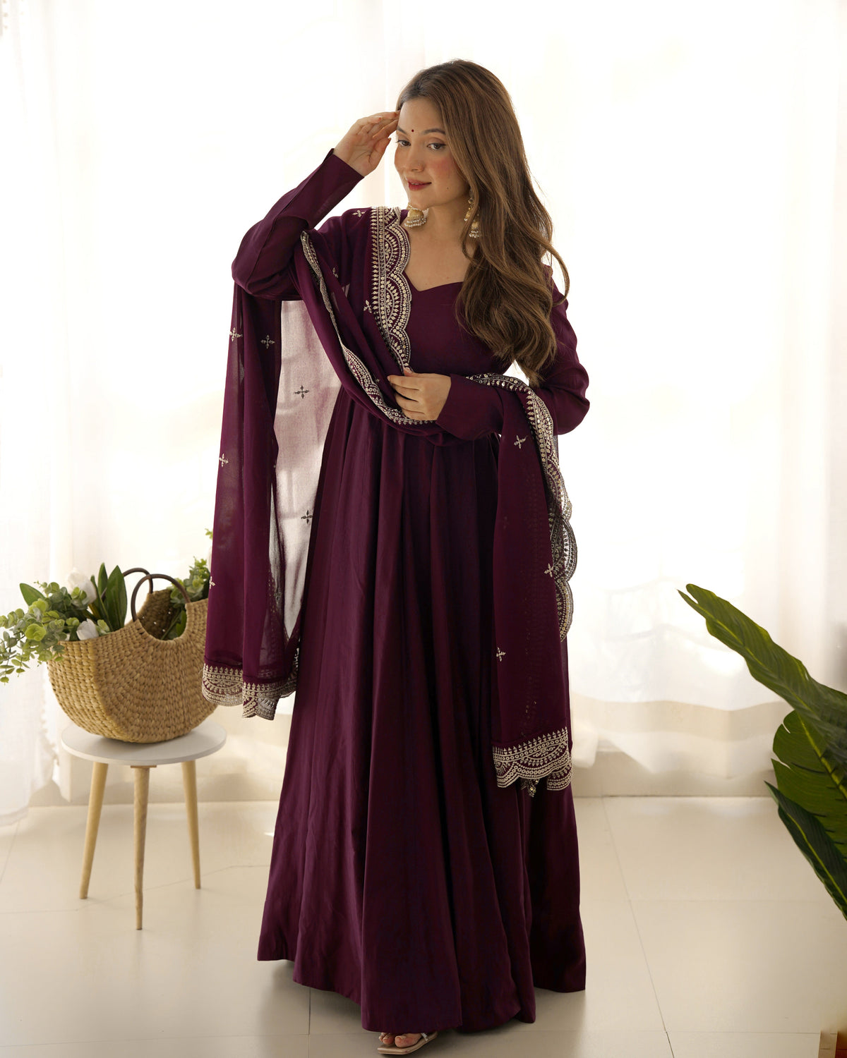 Wine Premium Quality Pure Romansilk Chanderi Anarkali Gown with Dupatta & Pant Set - Ready to Wear