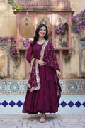 Wine Premium Readymade Elegant Flair Gown with Designer Dupatta