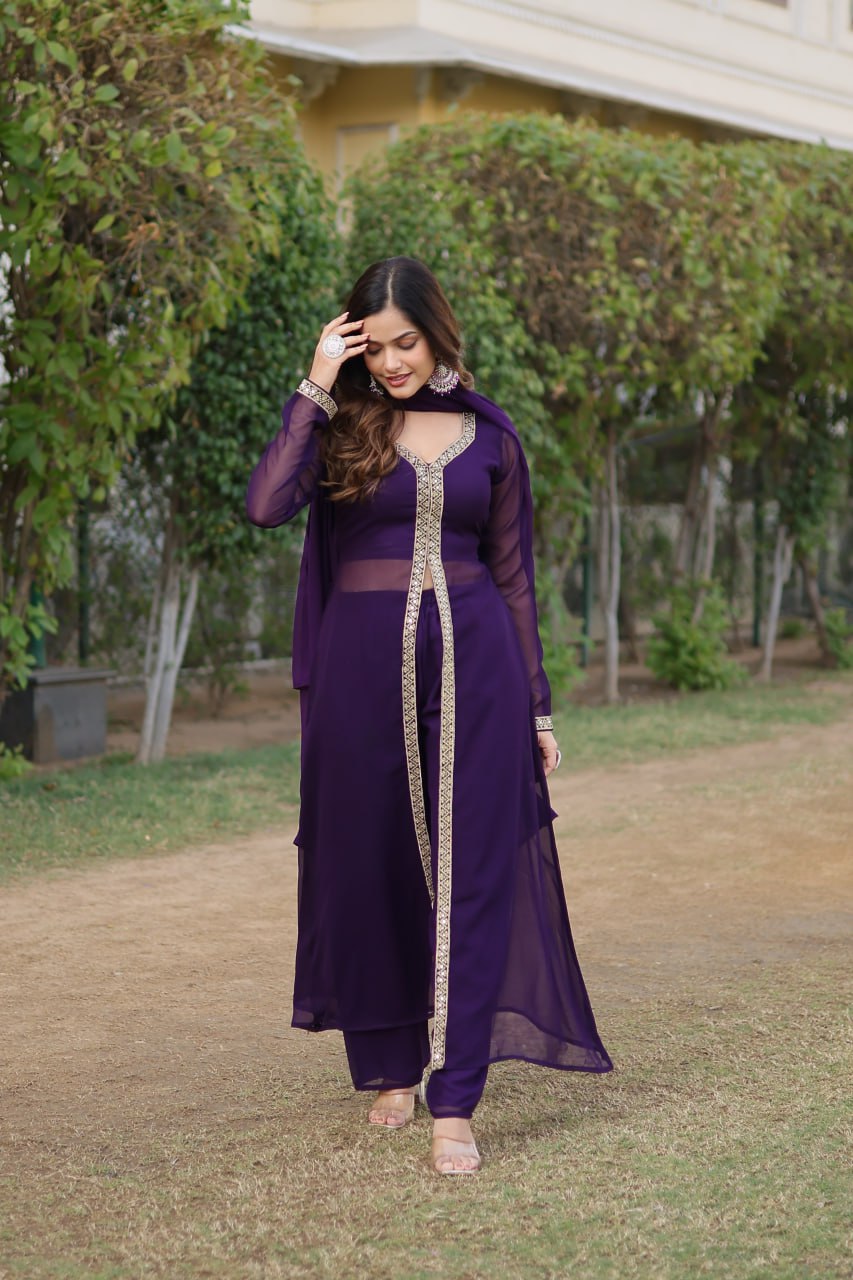 Wine Premium Readymade Kurti Pant Dupatta Set in Faux Blooming & Embroidery