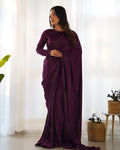 Wine Ready-to-Wear Premium Marble Velvet Saree with Full-Stitched Blouse