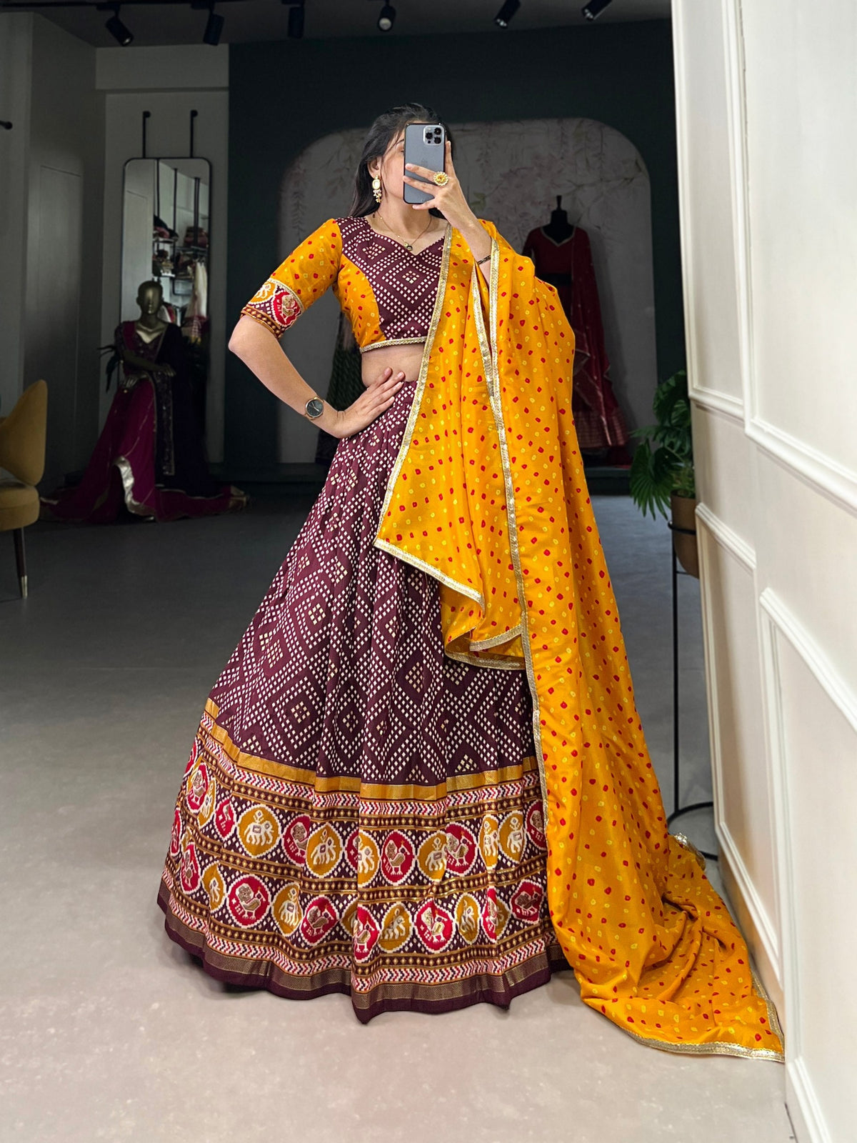 Wine Royal Tussar Silk Lehenga Choli with Bandhej & Patola Prints – Perfect for Festive Functions