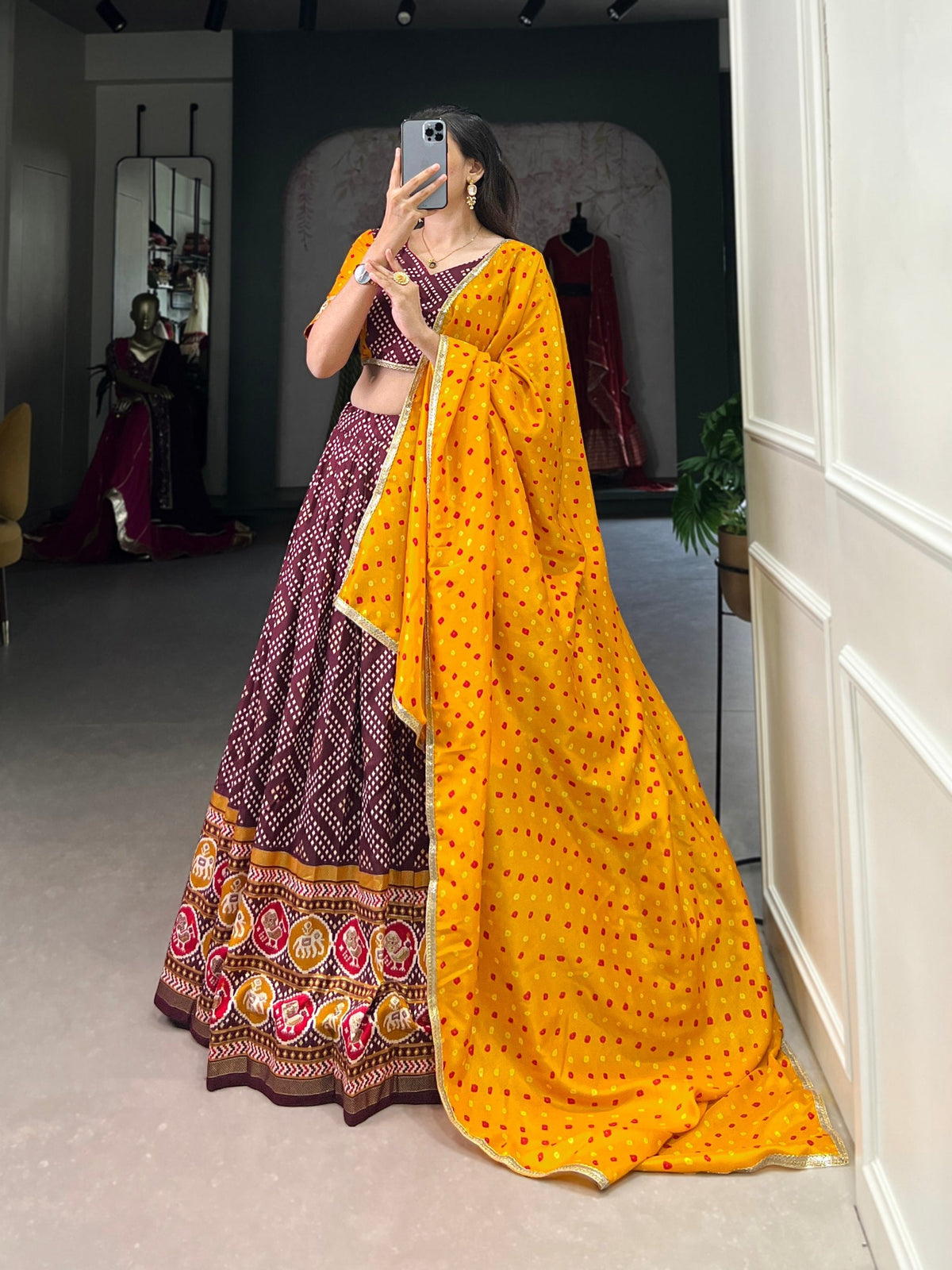 Wine Royal Tussar Silk Lehenga Choli with Bandhej & Patola Prints – Perfect for Festive Functions