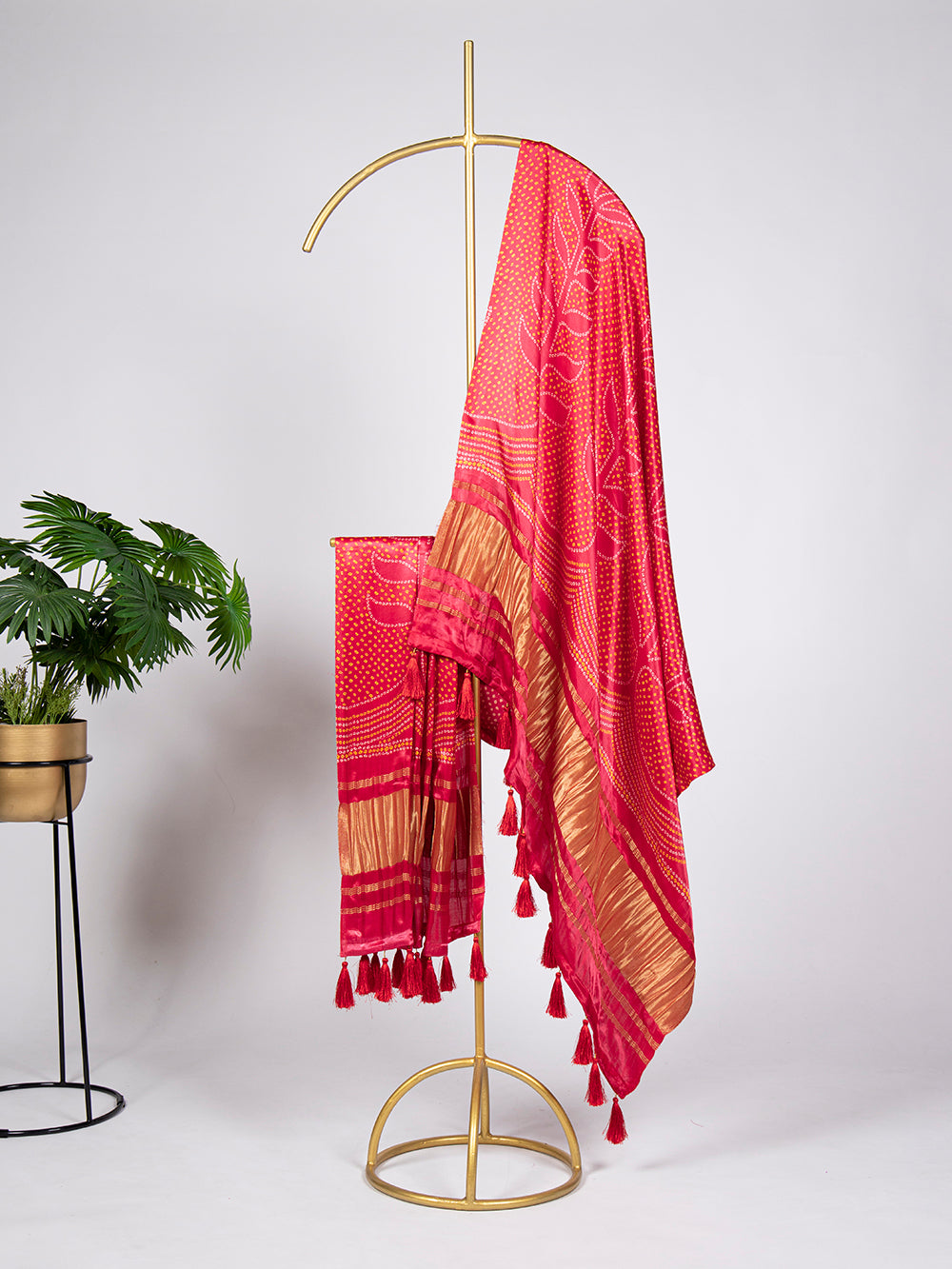 Red Color Bandhej Printed Gaji Silk Dupatta With Tassels