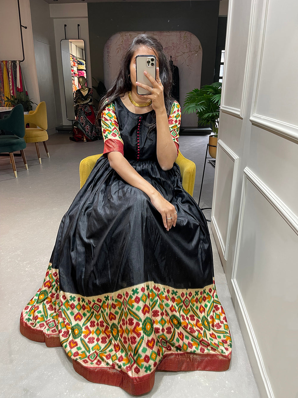 Black Color Foil Printed Dola Silk Gown