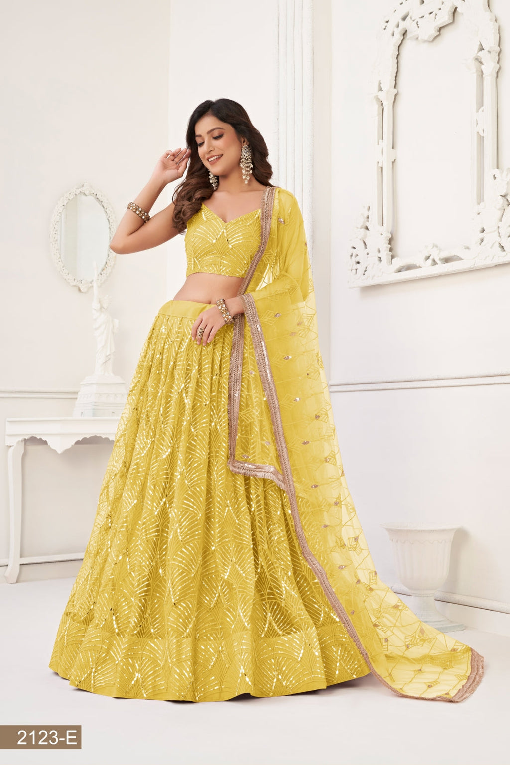 Yellow Butterfly Net Lehenga with Tone-to-Tone Thread Work and Mirror Embroidery