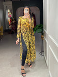 Yellow Color Animal Print Chiffon Kurti