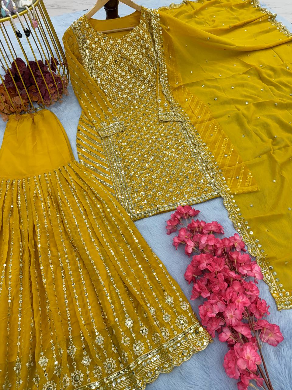Yellow Designer Attractive Sequence Work Sharara Suit