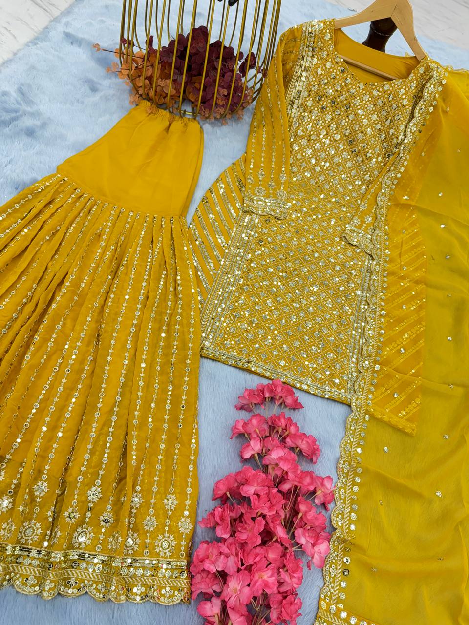 Yellow Designer Attractive Sequence Work Sharara Suit