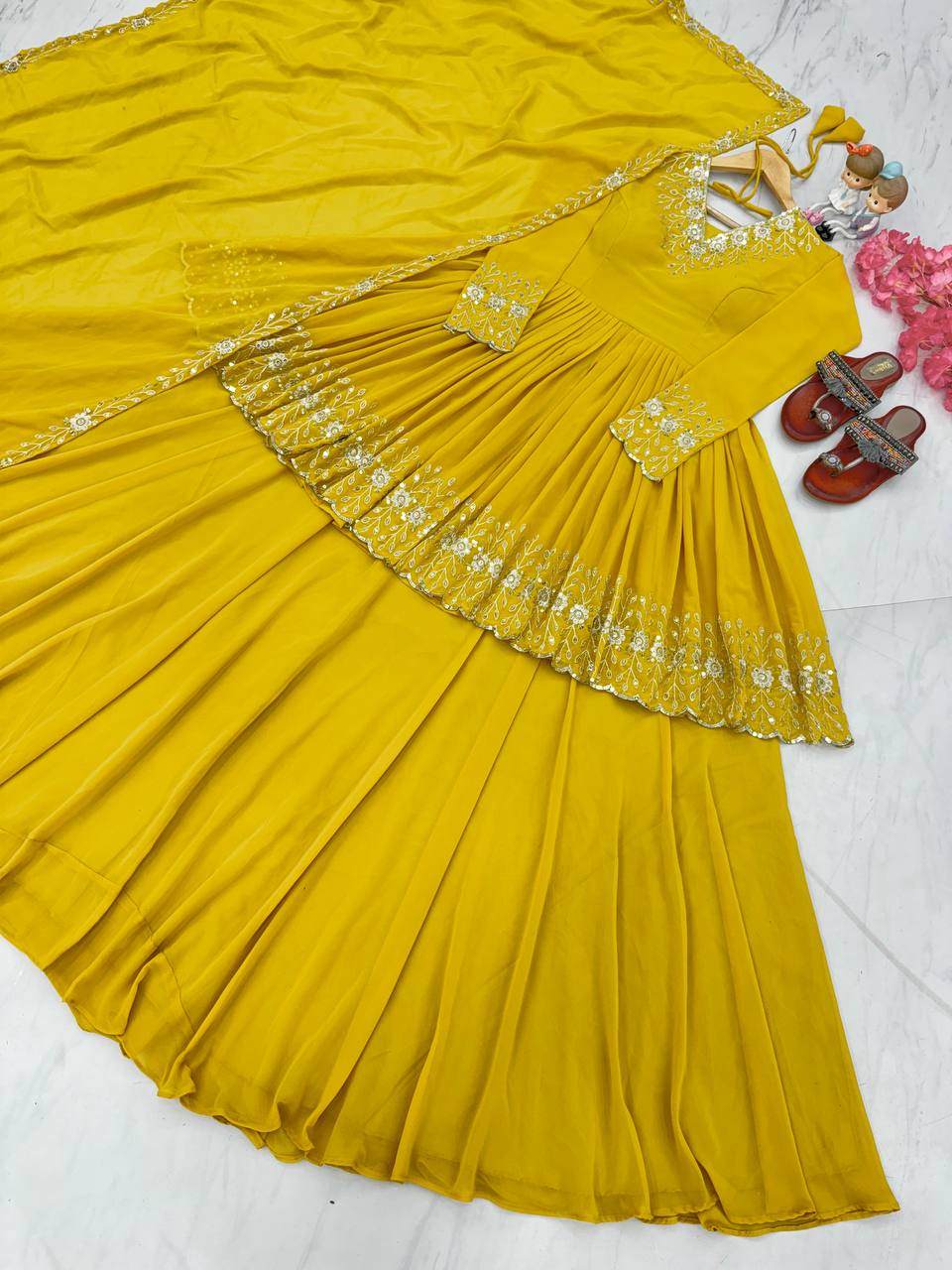 Yellow Designer Party Wear Top with Lehenga & Dupatta Set - Sequin Embroidery and Tassel Accents