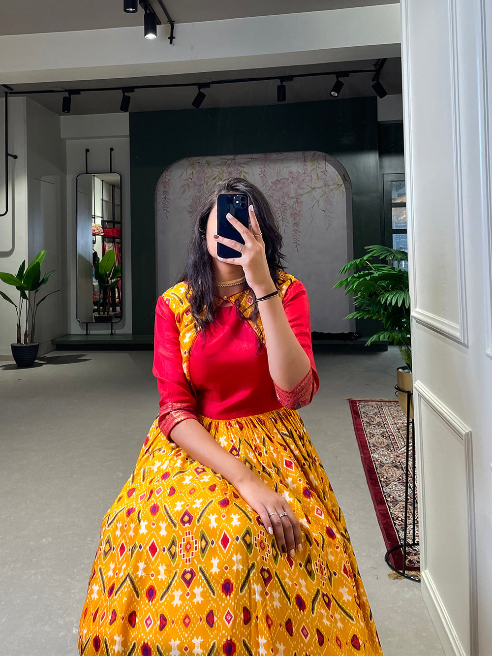 Yellow Color Patola Printed And Foil Printed Dola Silk Gown