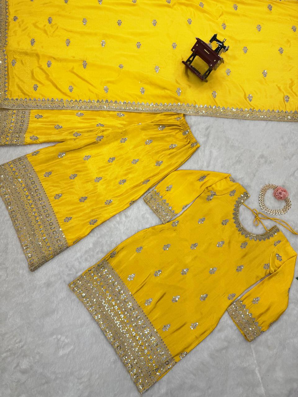 Yellow Elegant Chinon Silk Ensemble – Top, Plazo & Dupatta
