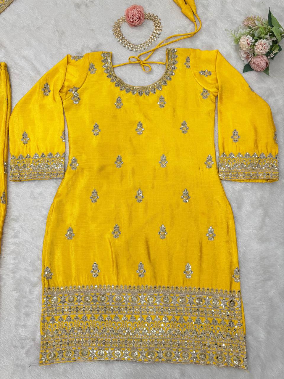 Yellow Elegant Chinon Silk Ensemble – Top, Plazo & Dupatta
