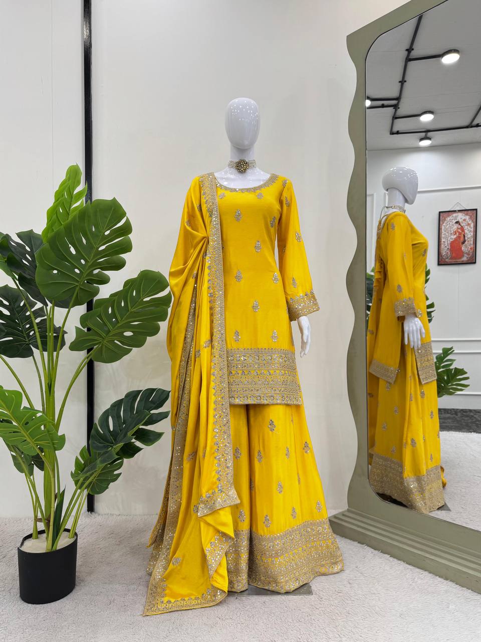 Yellow Elegant Chinon Silk Ensemble – Top, Plazo & Dupatta