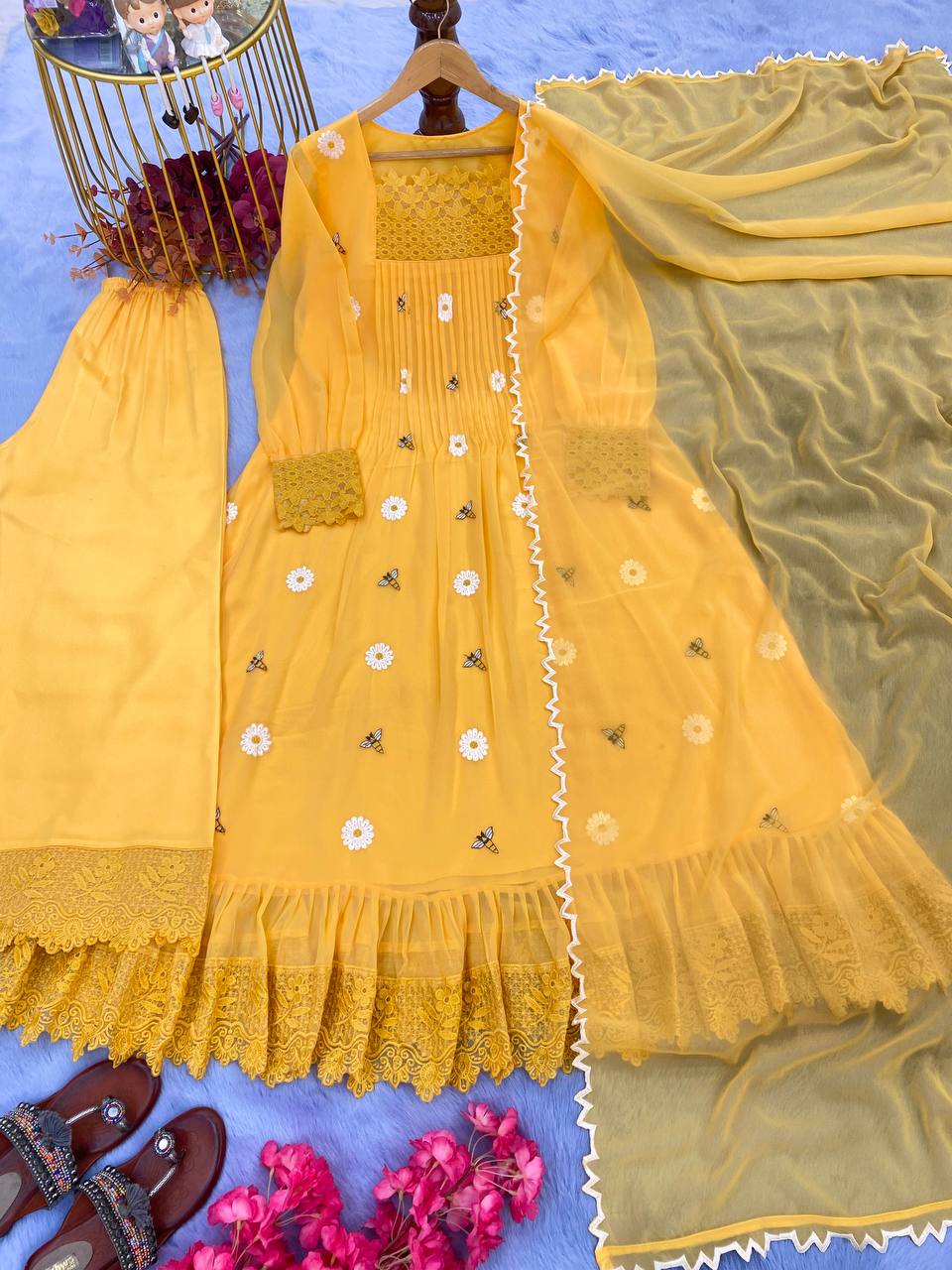 Yellow Elegant Designer Party Wear Gown Set with Palazzo & Dupatta