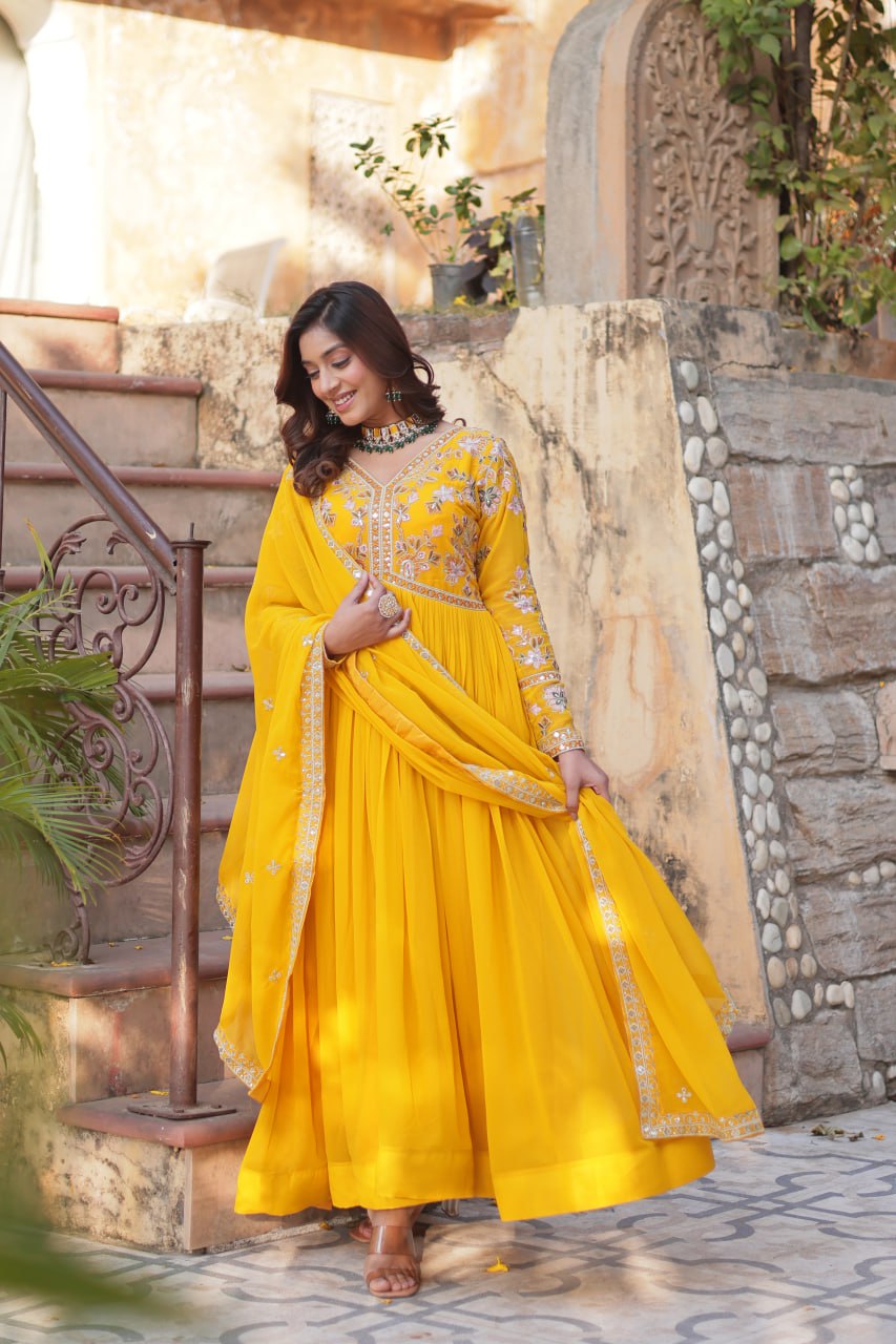 Yellow Elegant Embroidered Faux Blooming Gown with Dupatta – Luxe Festive Wear