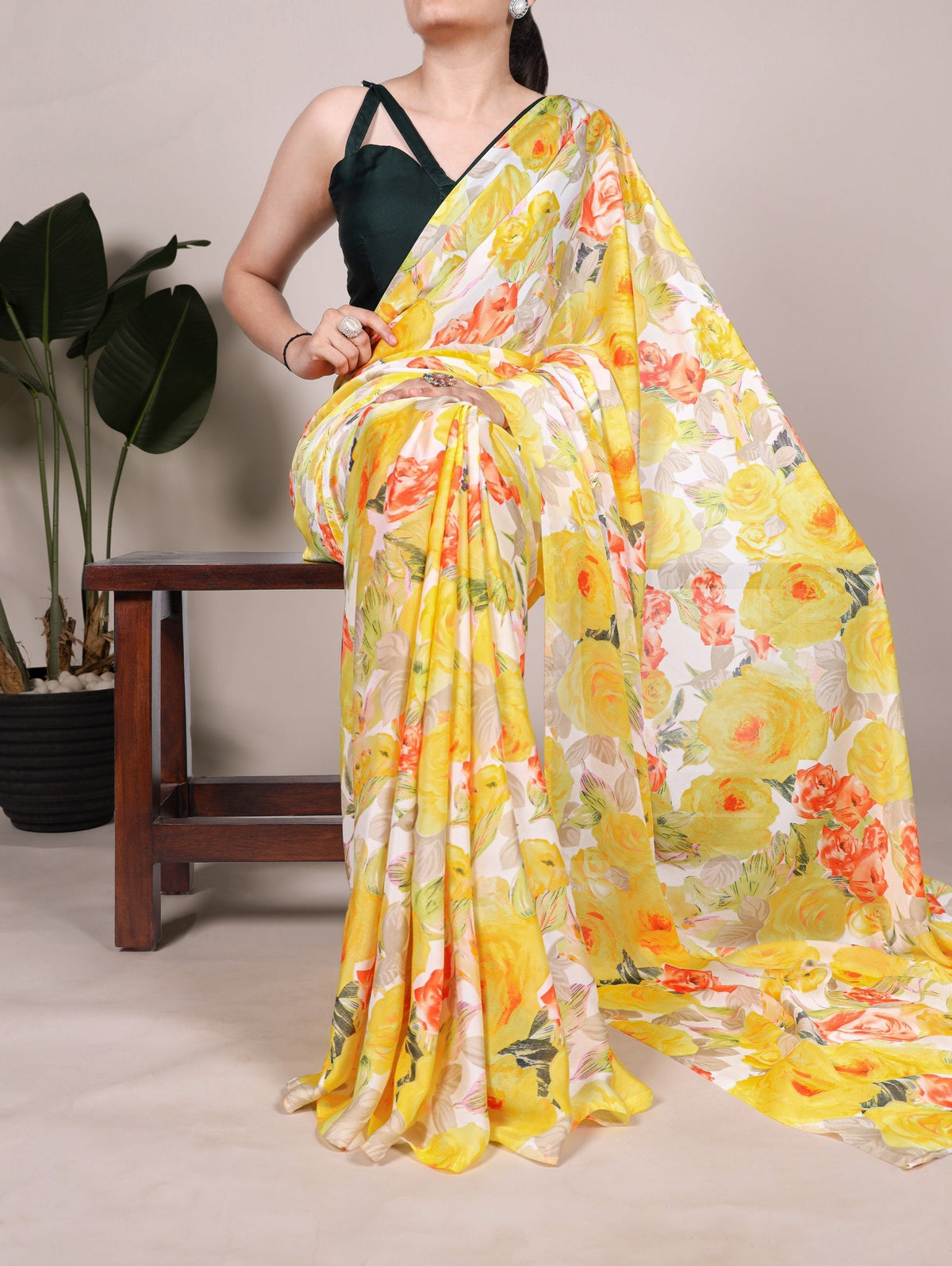 Yellow Elegant Floral Printed Dull Satin Saree with Moonga Silk Blouse