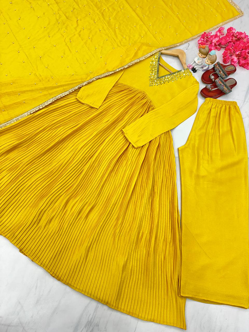 Yellow Elegant Party Wear Alia Cut Anarkali Gown Set with Dupatta & Bottom