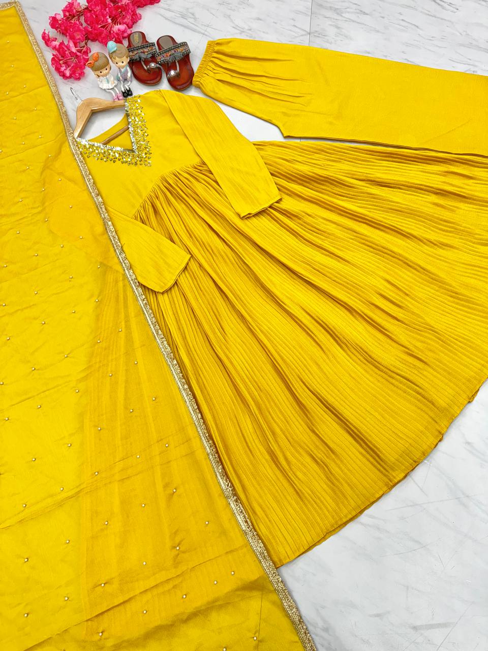 Yellow Elegant Party Wear Alia Cut Anarkali Gown Set with Dupatta & Bottom