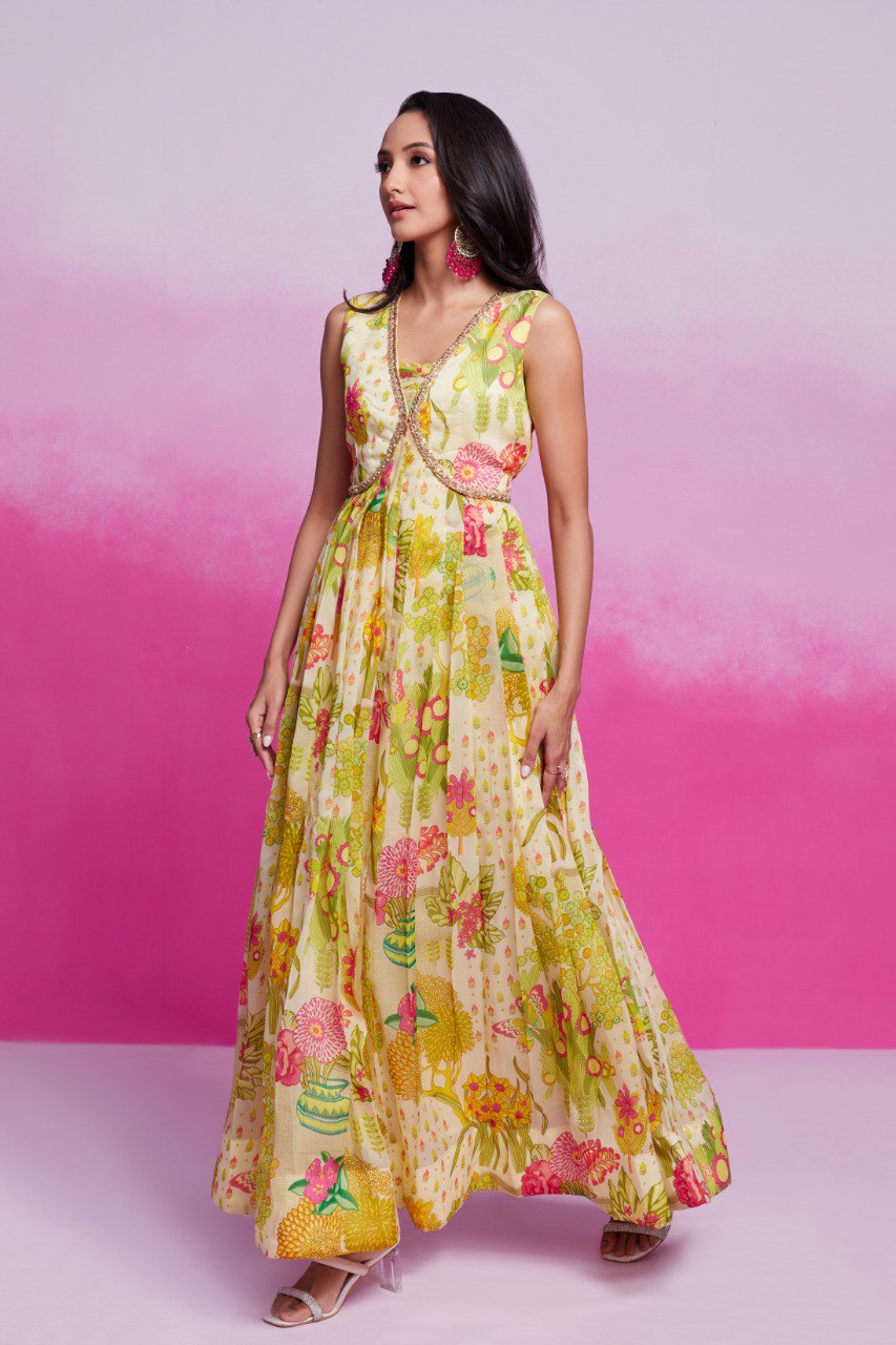 Yellow Elegant Printed Organza Gown with Handwork Detailing Ready To Wear