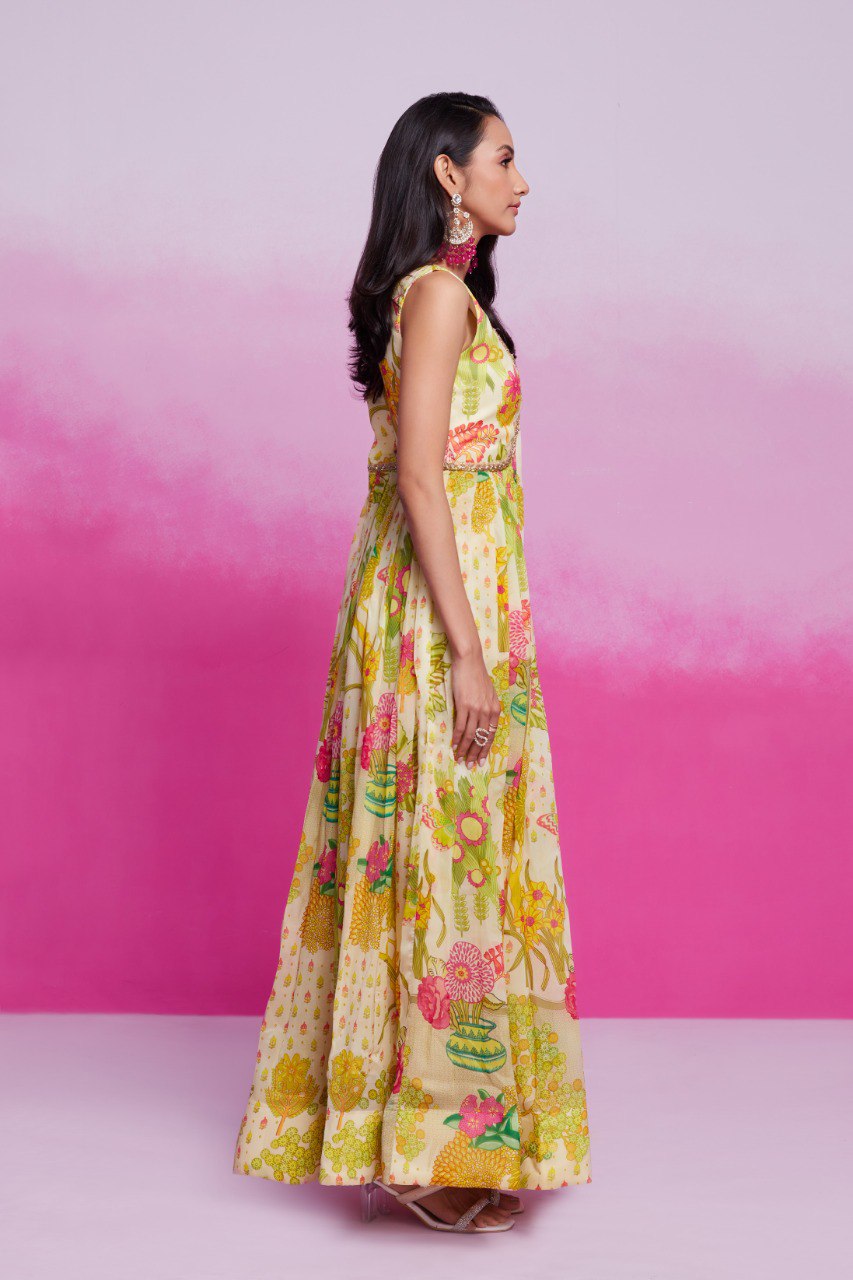 Yellow Elegant Printed Organza Gown with Handwork Detailing Ready To Wear
