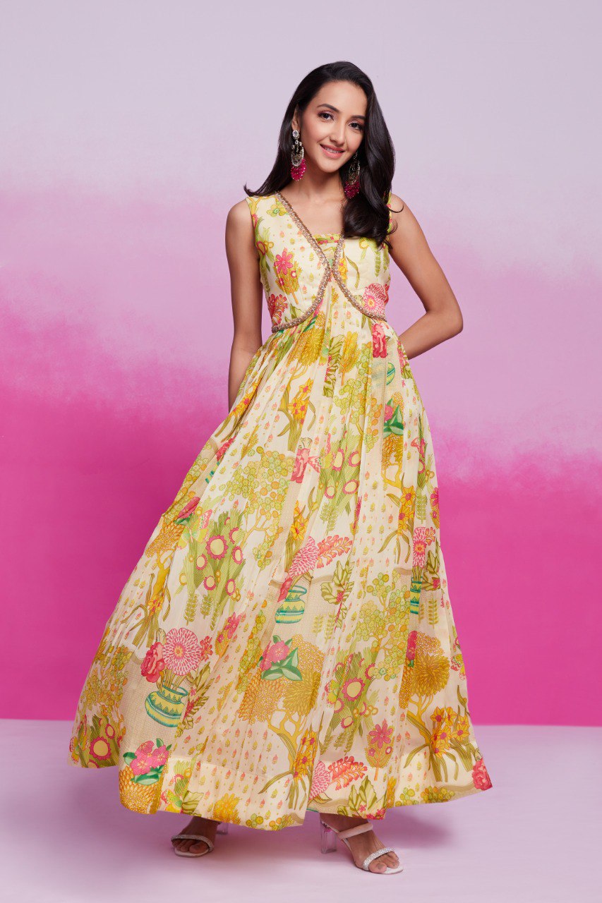 Yellow Elegant Printed Organza Gown with Handwork Detailing Ready To Wear
