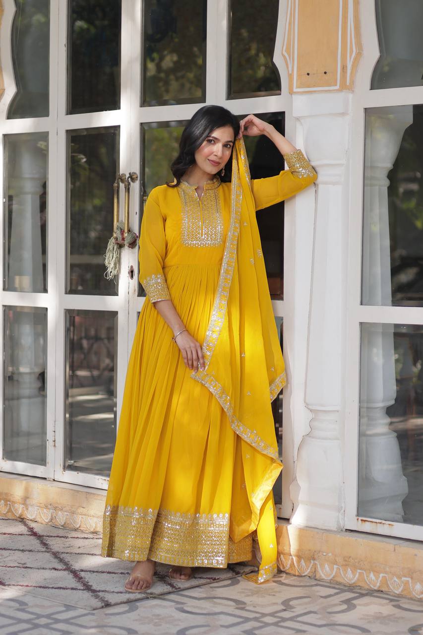 Yellow Faux Blooming Georgette Gown with Dupatta