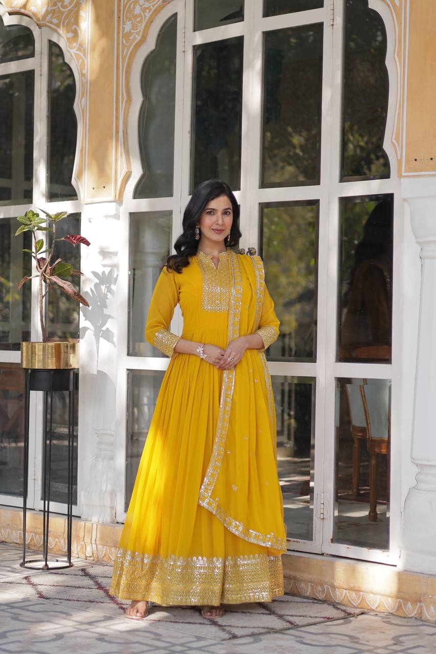 Yellow Faux Blooming Georgette Gown with Dupatta