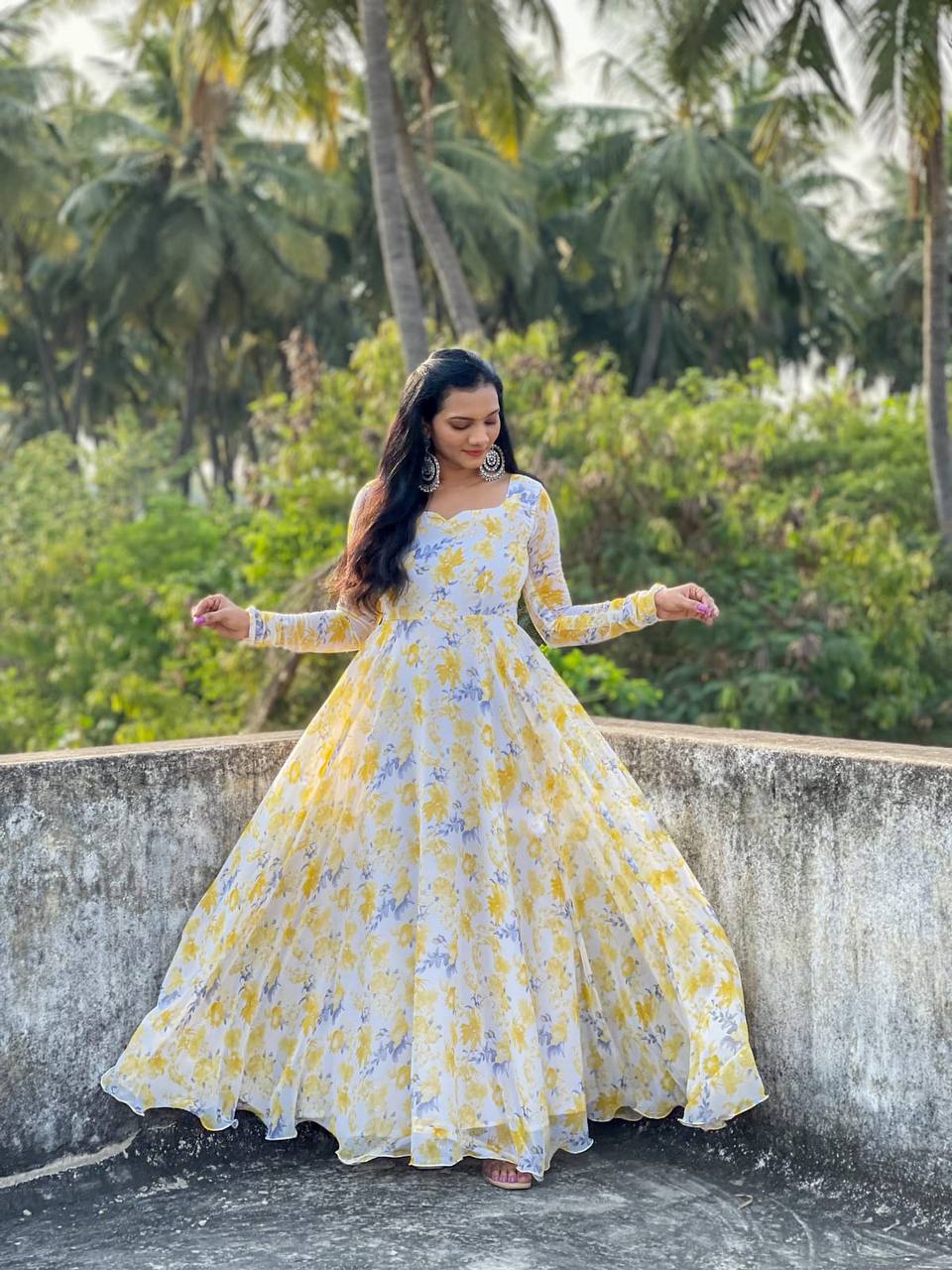 Yellow Floral Print Premium Georgette Readymade Gown