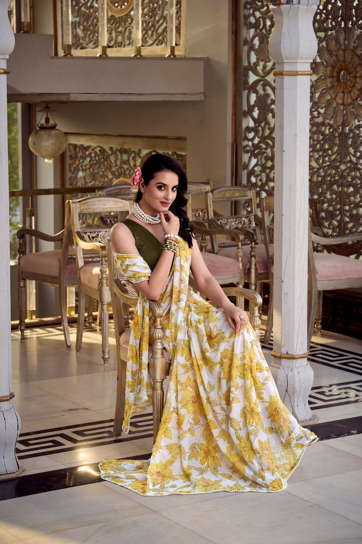 Yellow Floral Print Weightless Marble Saree with Pearl Lace Border & Moonga Silk Blouse