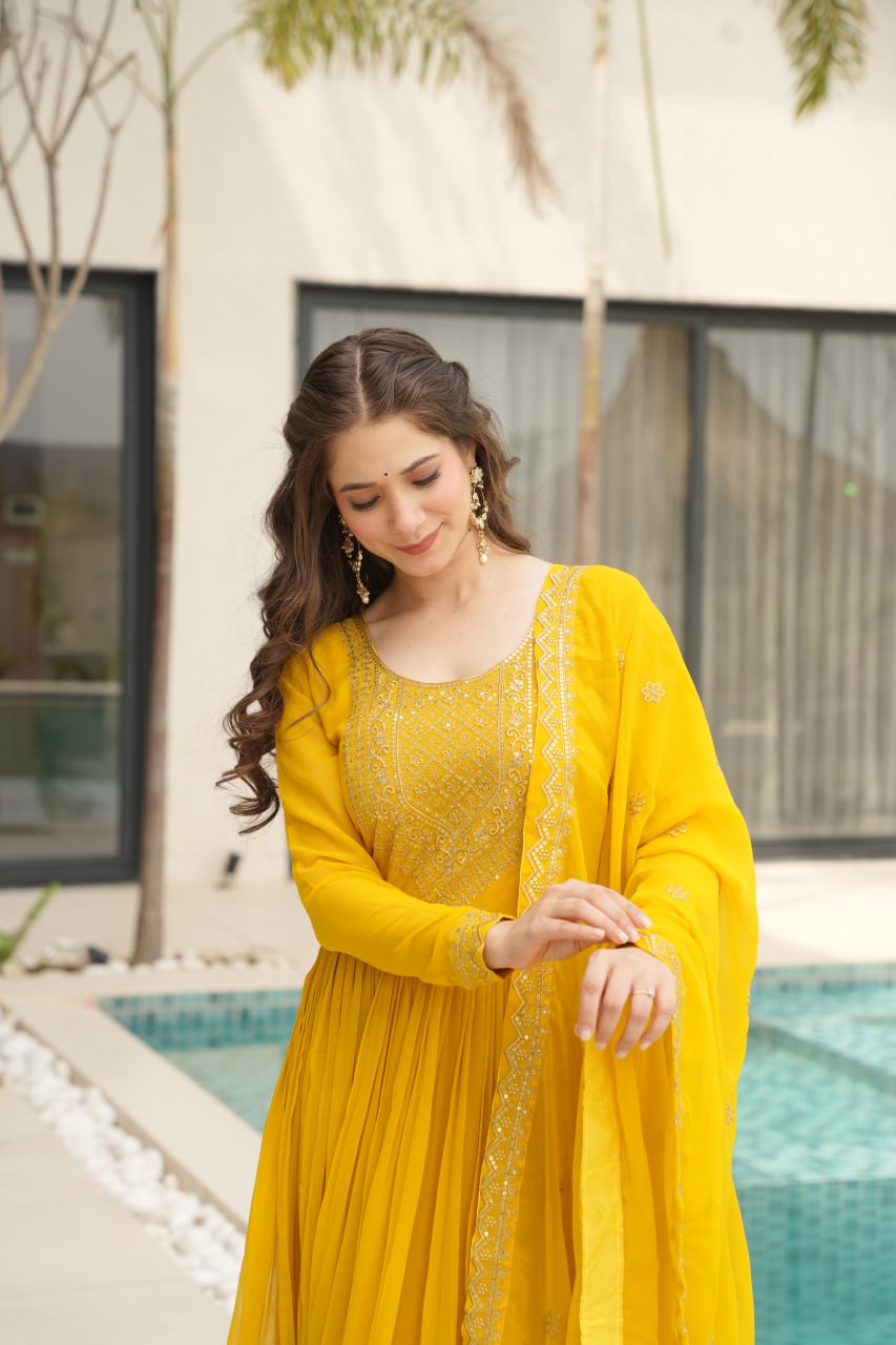 Yellow Graceful Faux Blooming Embroidered Gown with Sequins Dupatta – Fully Stitched Elegance