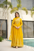Yellow Graceful Faux Blooming Embroidered Gown with Sequins Dupatta – Fully Stitched Elegance