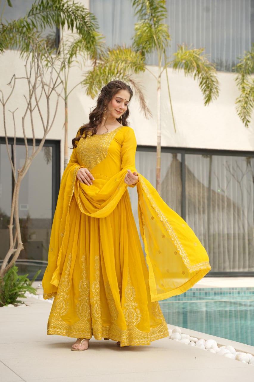 Yellow Graceful Faux Blooming Embroidered Gown with Sequins Dupatta – Fully Stitched Elegance