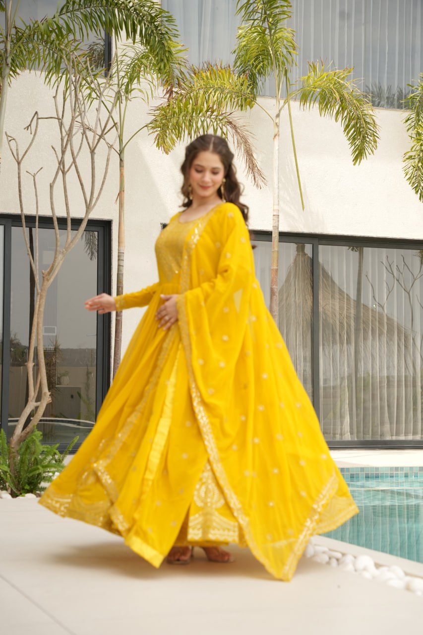 Yellow Graceful Faux Blooming Embroidered Gown with Sequins Dupatta – Fully Stitched Elegance