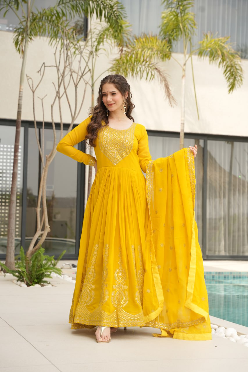 Yellow Graceful Faux Blooming Embroidered Gown with Sequins Dupatta – Fully Stitched Elegance