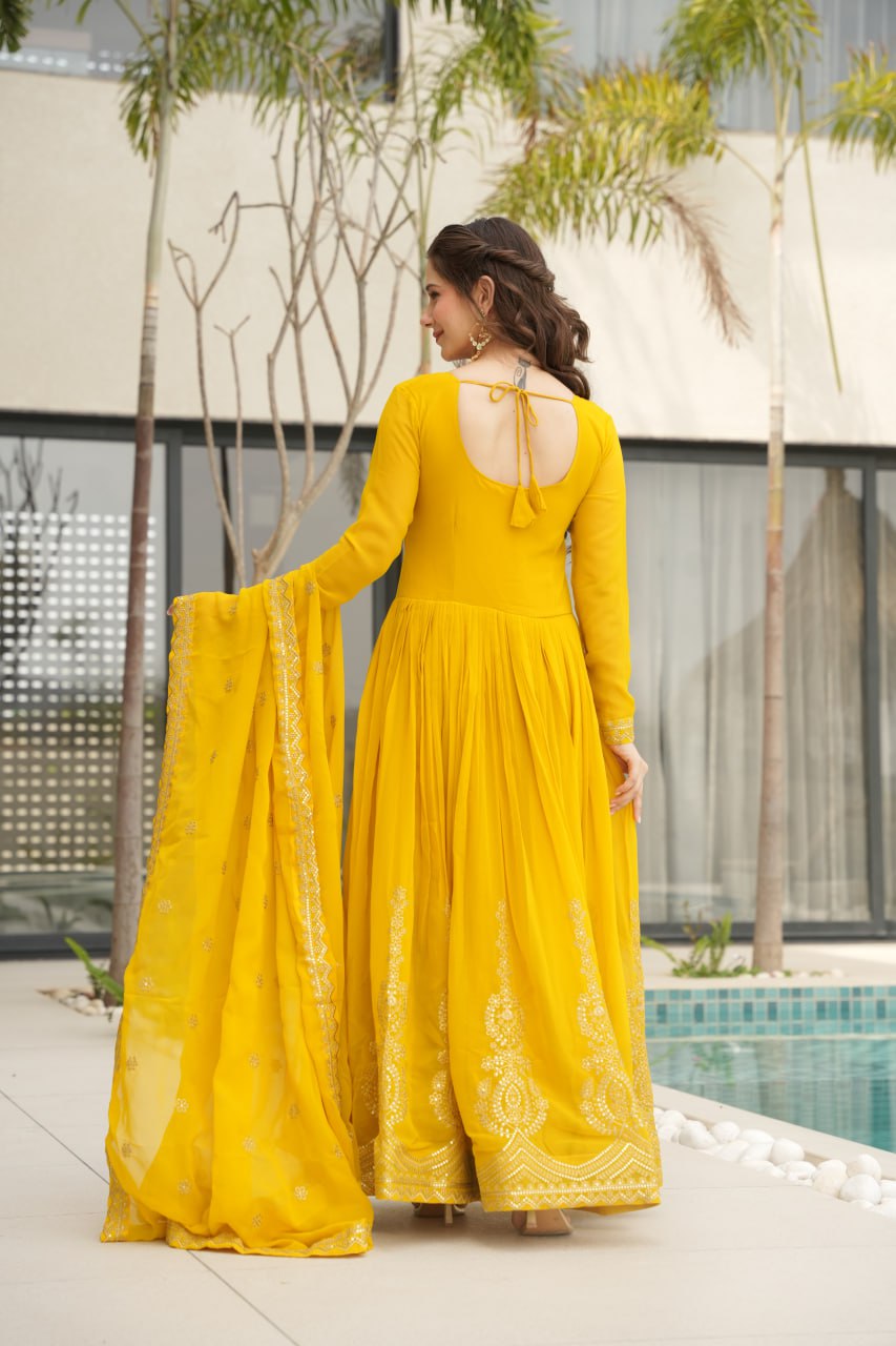 Yellow Graceful Faux Blooming Embroidered Gown with Sequins Dupatta – Fully Stitched Elegance