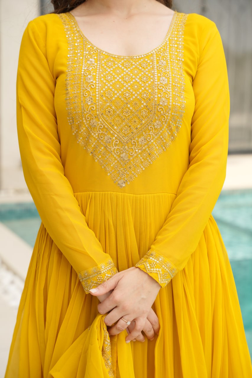 Yellow Graceful Faux Blooming Embroidered Gown with Sequins Dupatta – Fully Stitched Elegance