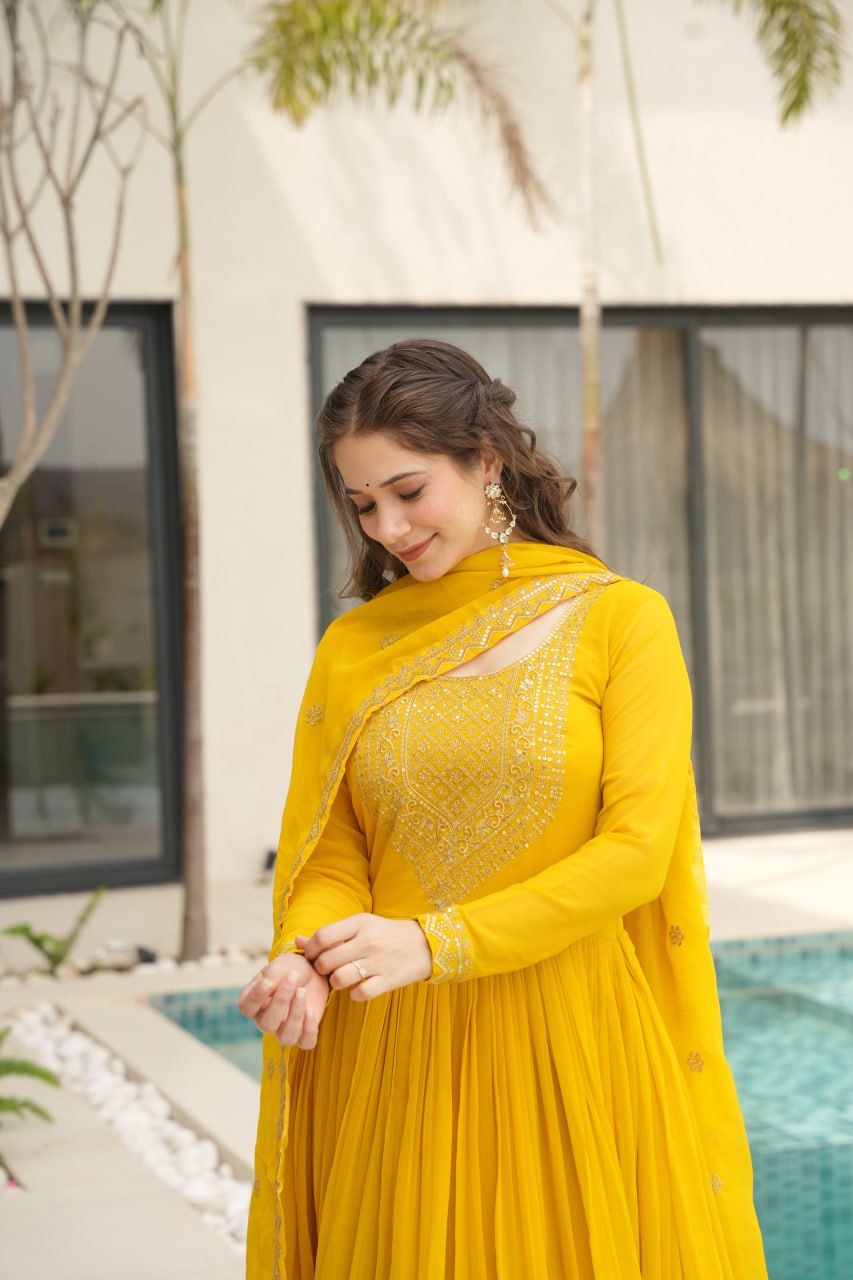 Yellow Graceful Faux Blooming Embroidered Gown with Sequins Dupatta – Fully Stitched Elegance