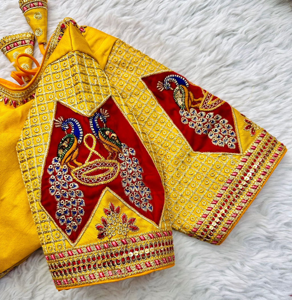 Yellow Handcrafted Sequined Blouse in Dilkush Silk