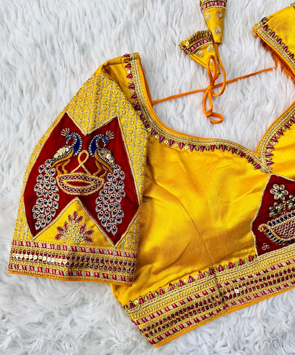 Yellow Handcrafted Sequined Blouse in Dilkush Silk