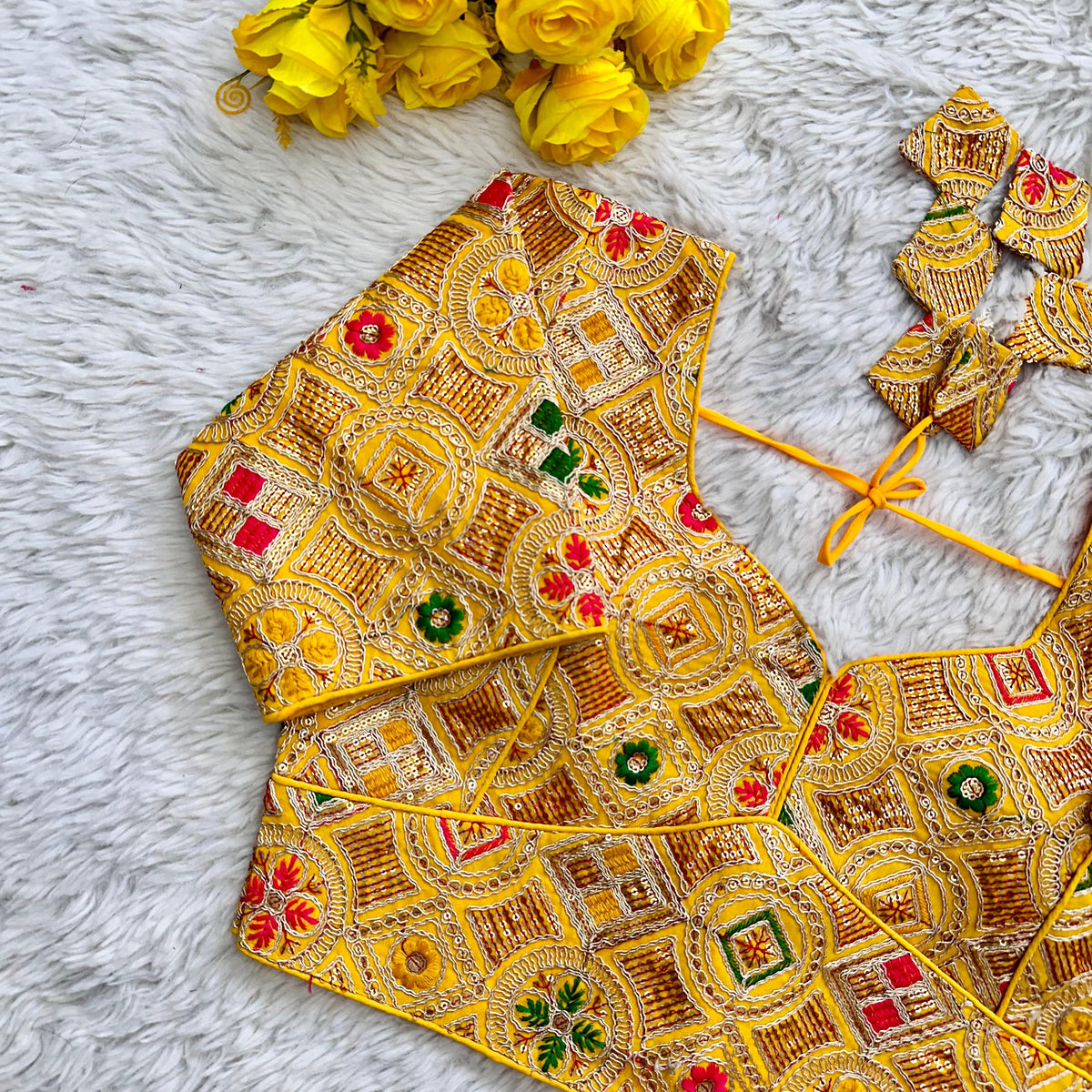 Yellow Heavy Cording Work Pure Georgette Blouse with Multicolor Embellishments