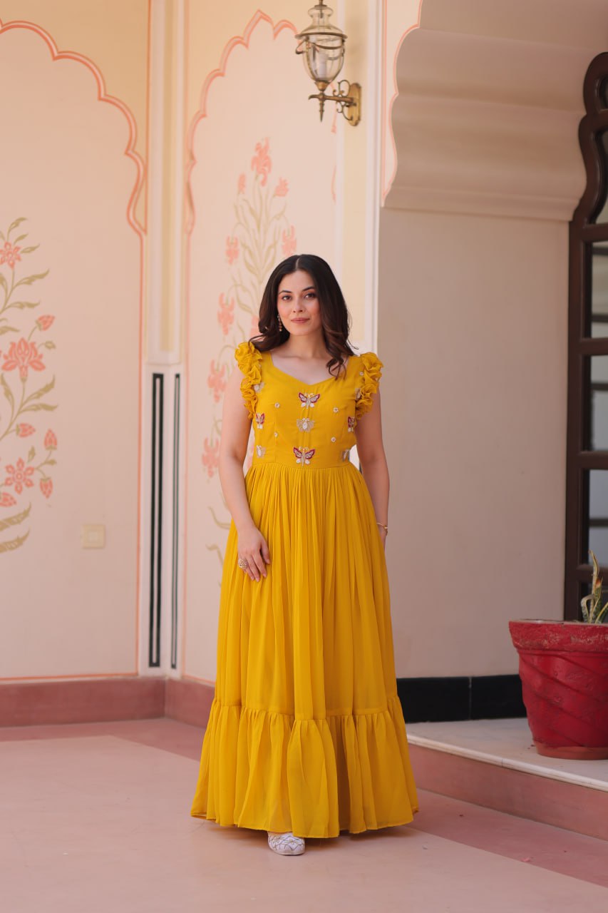 Yellow Luxe Faux Blooming Embroidered Gown with Double Frill Sleeves