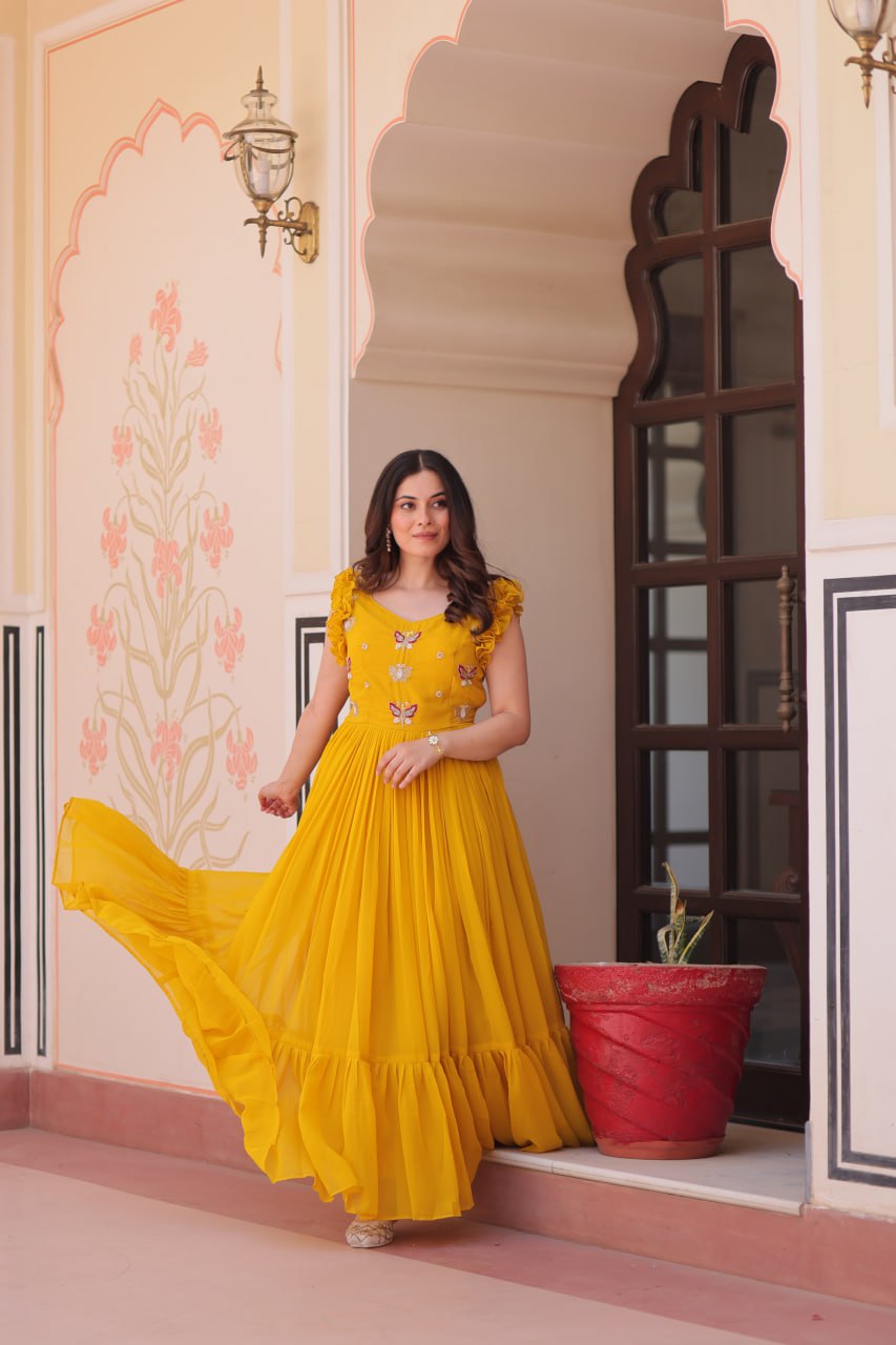 Yellow Luxe Faux Blooming Embroidered Gown with Double Frill Sleeves