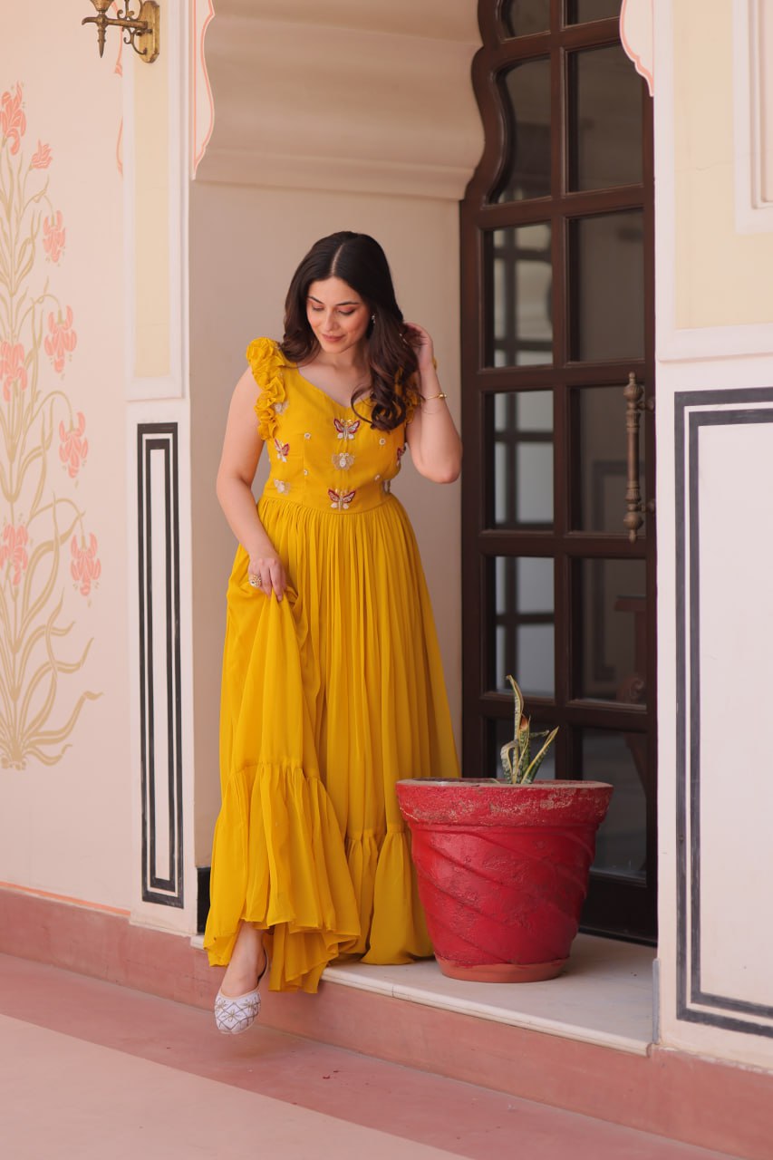 Yellow Luxe Faux Blooming Embroidered Gown with Double Frill Sleeves