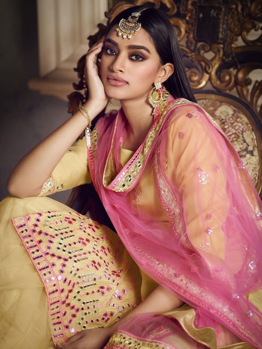 Yellow Organza Partywear Sharara Suit